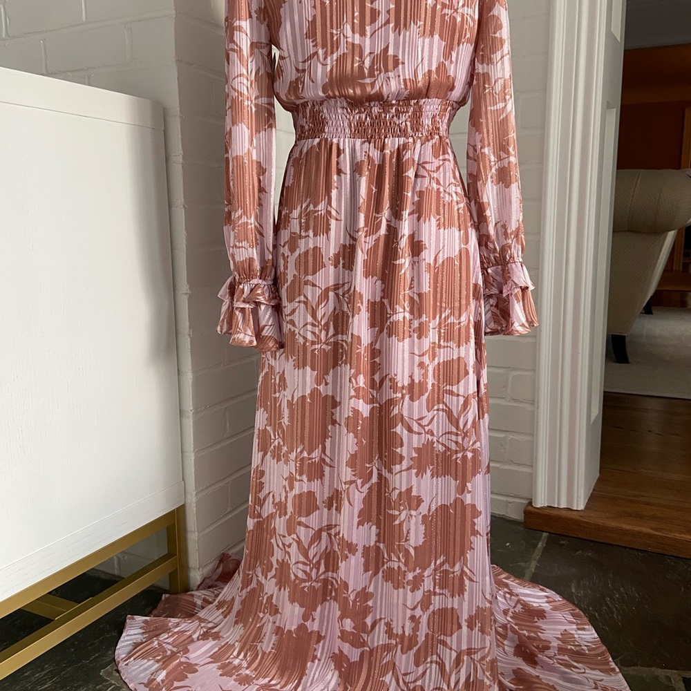 Lulus Floral Ruffle Full Length Spring Dress In Soft Pink and Brown Size S - Picture 2 of 10